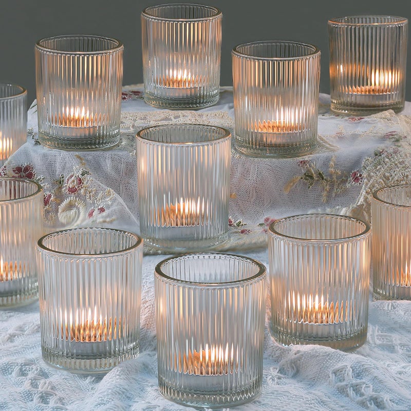 24 حزمة من حوامل الشموع النذرية لديكور الزفاف من الزجاج الشفاف DIY الشمع ملء الرومانسية Tealight شموع حامل شموع شريطية عتيقة حامل شموع لقطع الطاولة المركزية (شفاف 24) - Image 1